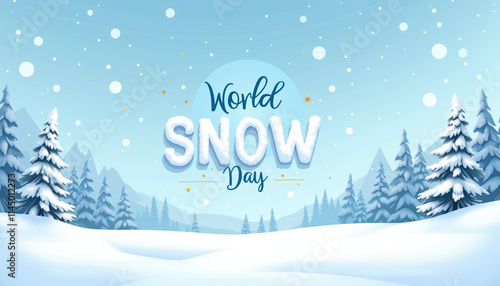 Charming light blue banner for World Snow Day featuring a snowy landscape with frosted trees, perfect for inviting winter fun and outdoor family celebrations.