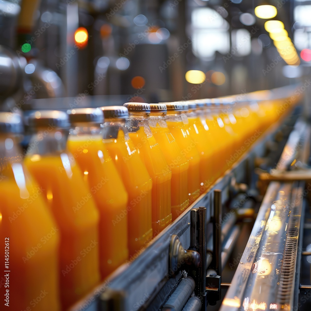 Orange juice bottles on a conveyor belt in a beverage factory, industrial installation, production and automation concept. Orange juice bottles on a conveyor belt in a beverage factory, industrial installation, production and automation concept.