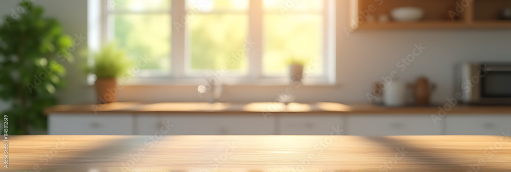A wood table top island sits in the middle of a blur of a kitchen room interior in the morning light._00001_ A wood table top island sits in the middle of a blur of a kitchen room interior in the morning light._00001_