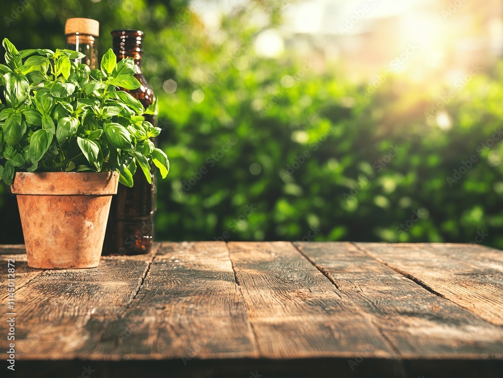 A rustic wooden table with a basil plant and bottles in a natural setting. A rustic wooden table with a basil plant and bottles in a natural setting.