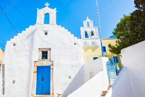 Obraz na płótnie White facade of church with blue door in Lagada village, Amorgos island, Cyclades, Greece w salonie