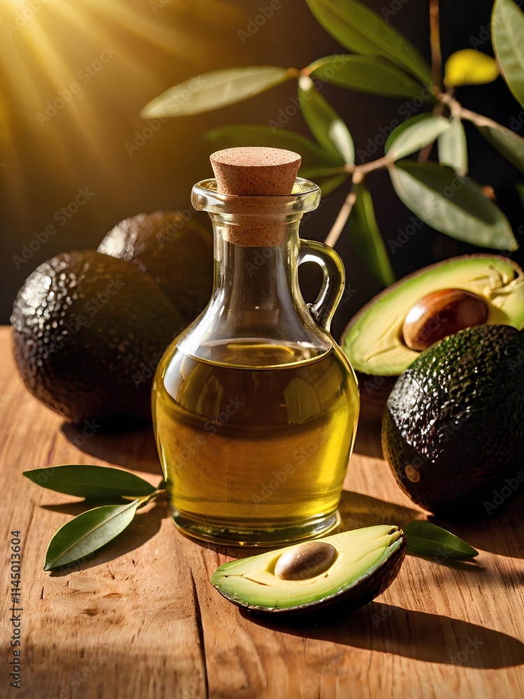 Healthy avocado fruit cut in half and a transparent glass container of avocado oil on the wooden table Healthy avocado fruit cut in half and a transparent glass container of avocado oil on the wooden table