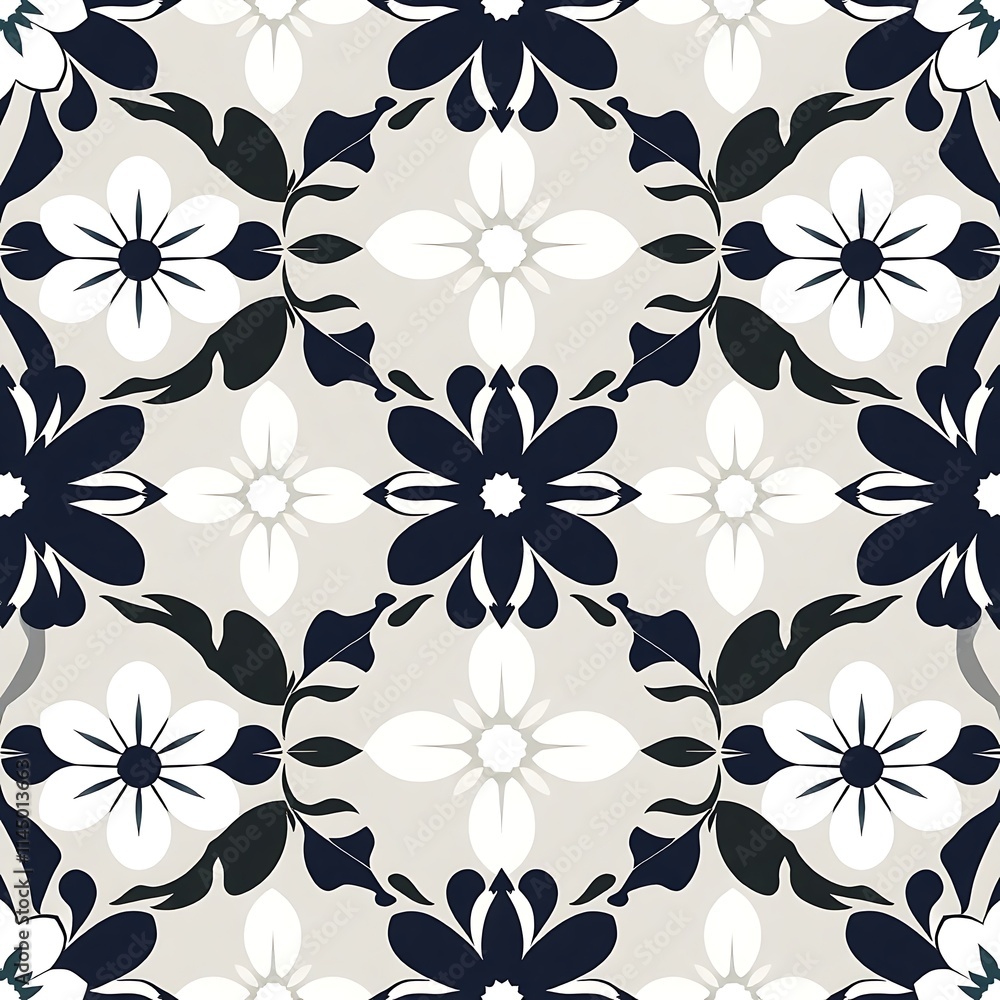 Elegant Floral Tile Pattern: A sophisticated seamless design featuring dark navy and white stylized flowers on a light beige background. Perfect for textiles, wallpapers, and surface design. Elegant Floral Tile Pattern: A sophisticated seamless design featuring dark navy and white stylized flowers on a light beige background. Perfect for textiles, wallpapers, and surface design.