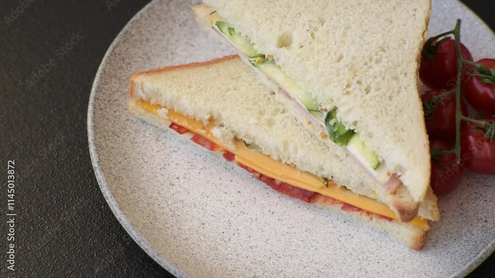 Sandwich with ham, salami, tomatoes, mustard, salt and spices on dark concrete background Sandwich with ham, salami, tomatoes, mustard, salt and spices on dark concrete background