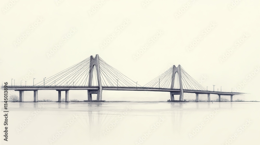 Obraz premium Minimalist Bridge Blueprint Drawing Over Serene Water Surface