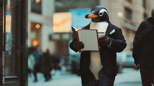 A penguin dressed in a suit walking on a city street, holding an open book