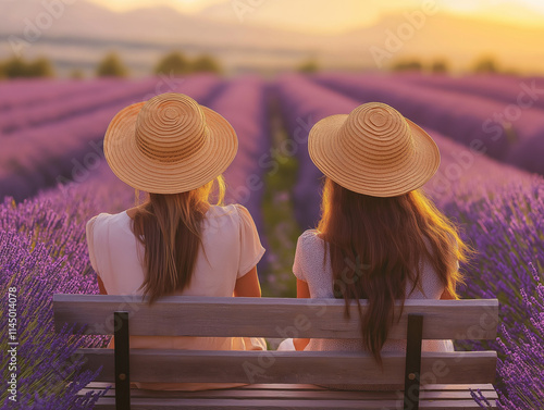 Freundschaftliche Auszeit im Lavendelfeld bei Sonnenuntergang

 photo