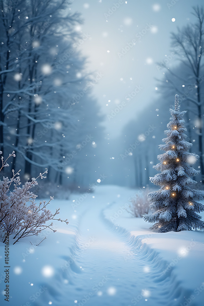 Fototapeta premium A winter scene features a Christmas backdrop with gently falling snowflakes and a serene landscape._00001_