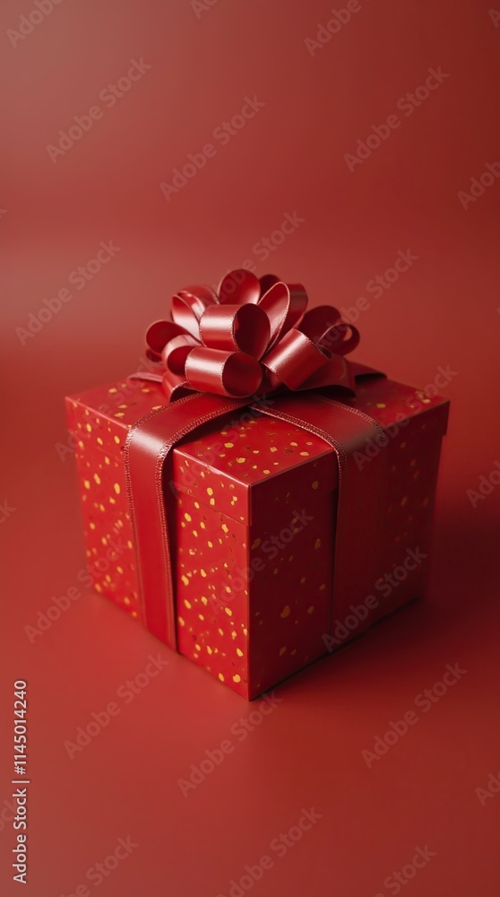 Fototapeta premium Elegant Red Gift Box With Ribbon On Red Background