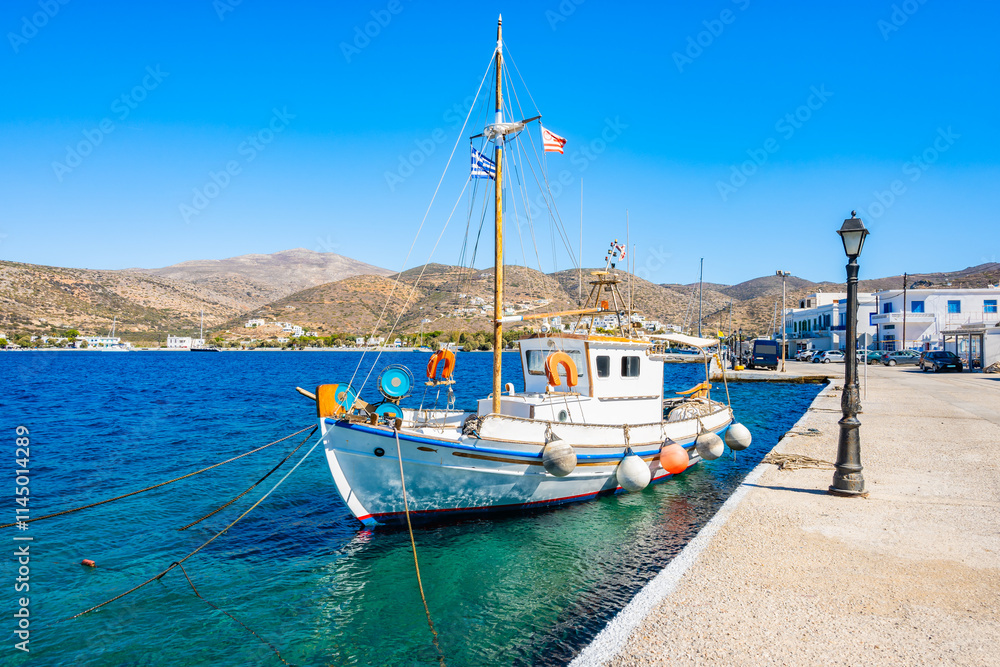 Traditional fishing boat in Katapola port, Amorgos island, Cyclades, Greece