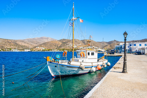 Obraz na płótnie Traditional fishing boat in Katapola port, Amorgos island, Cyclades, Greece w salonie
