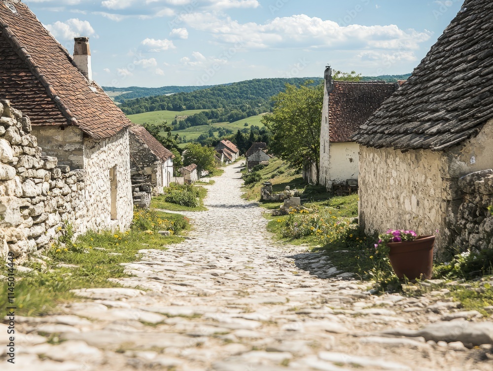 A scenic cobblestone path winding through a quaint village with lush hills.