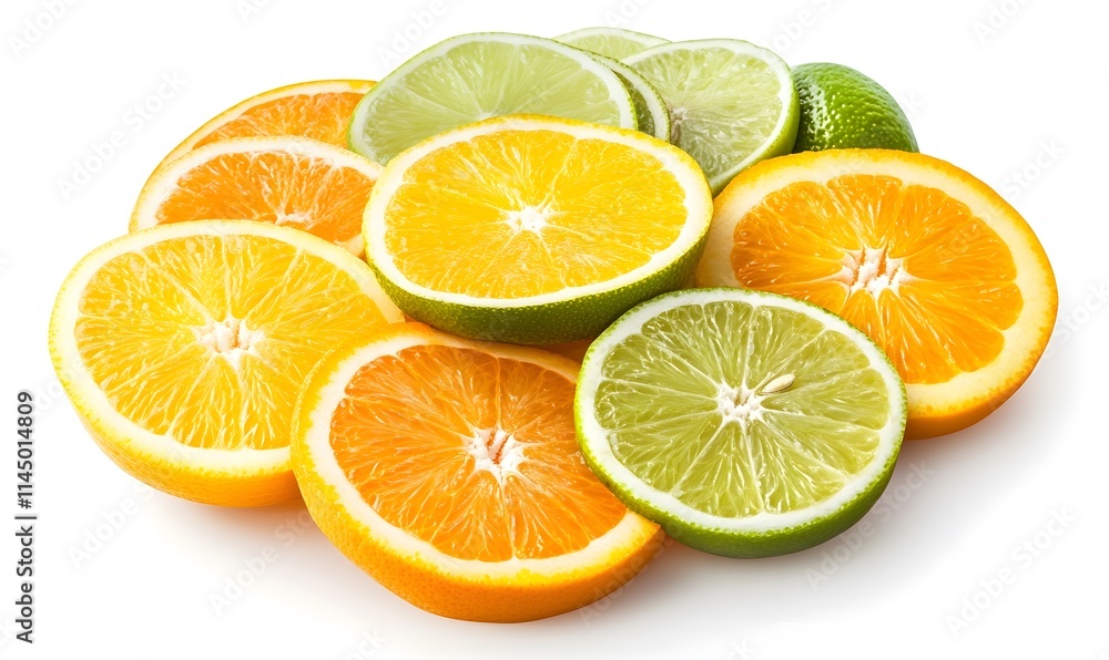 Fototapeta premium Sliced oranges and limes arranged on white.
