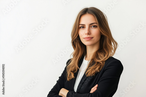 Young pretty bussines woman standing with arms crossed isolated on white background with copyspace area