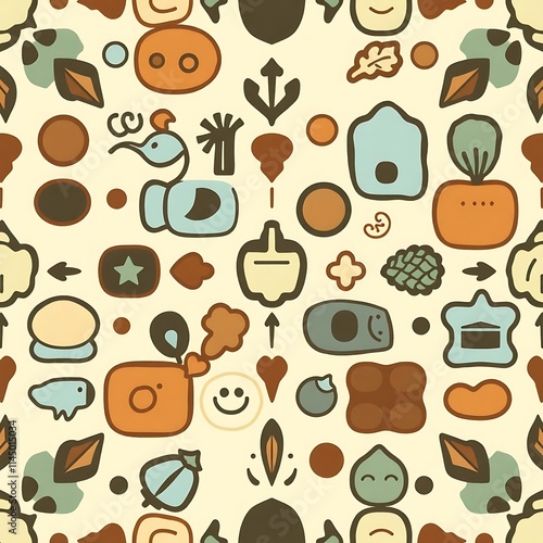 Happy Little Things Pattern: A cheerful, whimsical seamless pattern featuring hand-drawn illustrations of happy faces, nature elements, and playful shapes in a retro color palette. photo