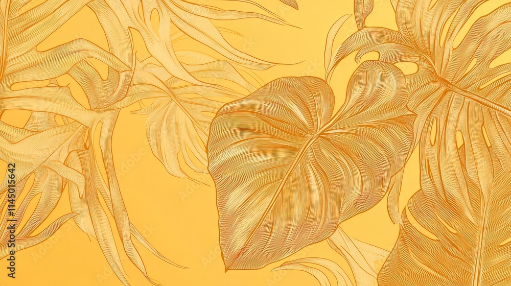 Golden Tropical Foliage Botanical Art Print - Exquisite Line Art Design Golden Tropical Foliage Botanical Art Print - Exquisite Line Art Design