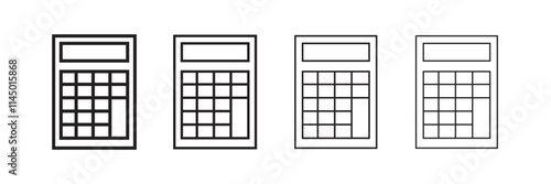 Calculator icon. Symbol of tax accounting scientific keyboard device. Vector set of numeric mathematical formula solving digital counter in flat outline style