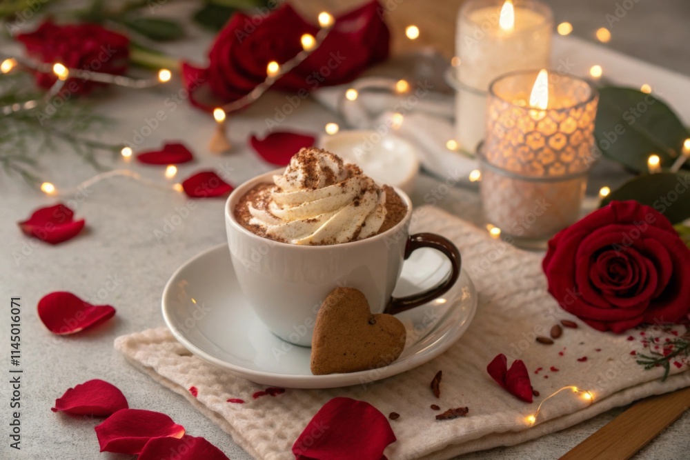 Romantic cup of hot chocolate with whipped cream and heart-shaped cookie Romantic cup of hot chocolate with whipped cream and heart-shaped cookie