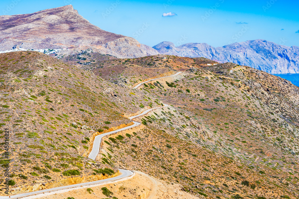 Scenic road among mountain landscape, Amorgos island, Cyclades, Greece