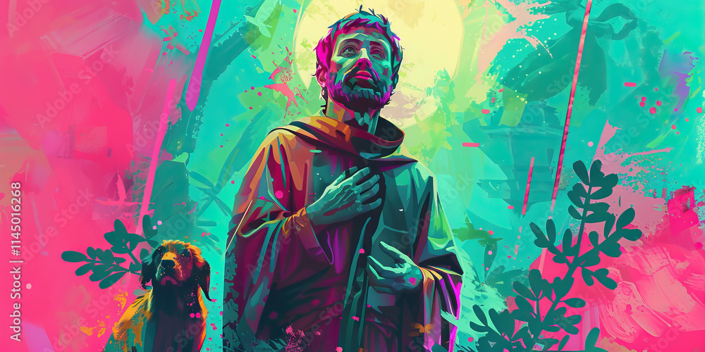Fototapeta premium Digital Artwork: Stylized Religious Figure with Canine and Abstract Background