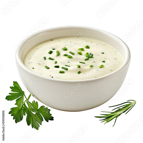 Creamy sauce dip dressing yogurt sour cream chives herbs parsley rosemary white background condiment appetizer topping ingredient food culinary recipe healthy snack gourmet delicious dairy product photo