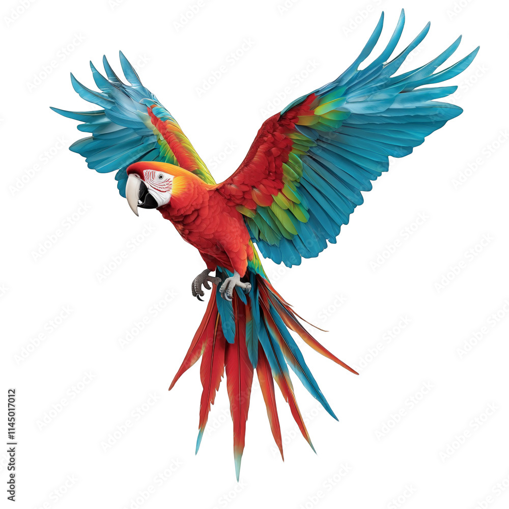 Obraz premium Scarlet Macaw Parrot Tropical Bird Wildlife Nature Colorful Plumage Rainforest Jungle Exotic Animal Ornithology Wings Spread Flight Freedom Vibrant Red Blue Green Feathers Palm Leaves Foliage White