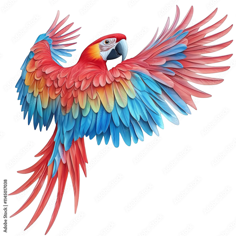Obraz premium Scarlet Macaw Parrot Bird Colorful Feather Wings Spread Tropical Wildlife Nature Illustration PNG Transparent Background Exotic Animal Ornithology Avian Flying Freedom Beauty Vibrant Plumage Design