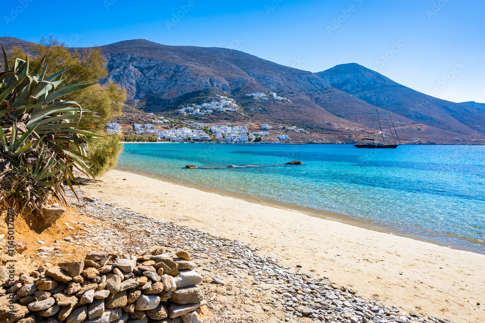 View of idyllic sandy beach in Aigiali bay (Ormos Egialis), Amorgos island, Cyclades, Greece