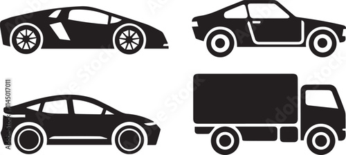 A detailed flat color vector silhouette illustration of a car's front and side views, perfect for design and automotive projects.


