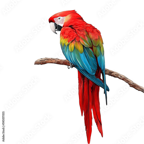 Scarlet Macaw Parrot Perched on a Branch Vibrant Red Blue Green and Yellow Plumage Tropical Bird Wildlife Nature Colorful Feathers Exotic Animal Ornithology Amazon Rainforest PNG Transparent photo