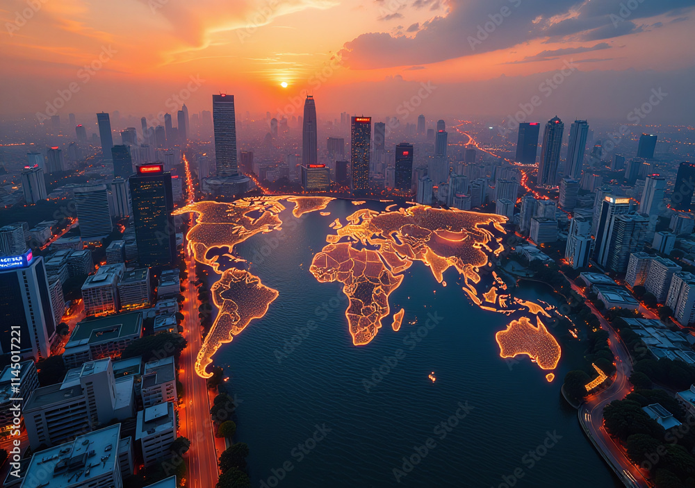 Obraz premium aerial view bangkok captures glowing earth map sunset vibrant cityscape showcasing asian culture international business