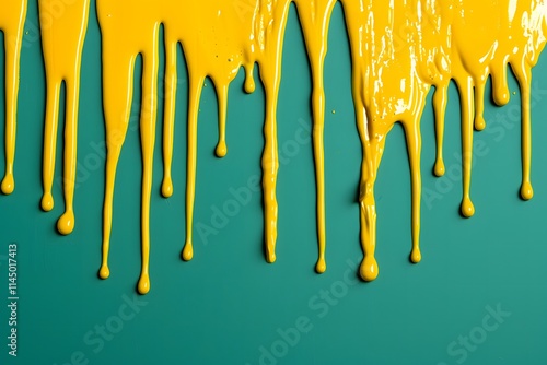 Yellow paint drips on green background. Creative abstract composition. Art and design concept for backgrounds, banners, and print.