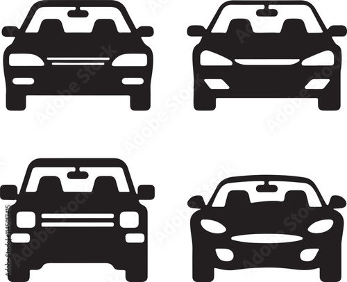 A detailed flat color vector silhouette illustration of a car's front and side views, perfect for design and automotive projects.

