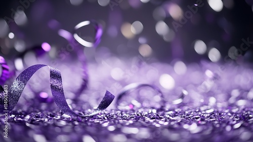 Lavender and silver streamers on a festive purple backdrop for a party with copy space. Generative Ai