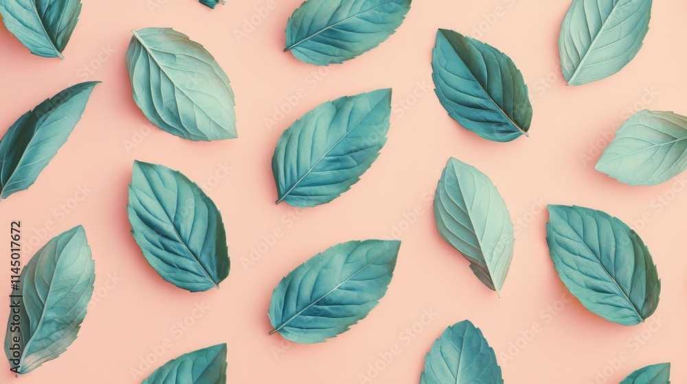 Obraz premium Delicate Mint Leaves Pattern on a Pastel Background