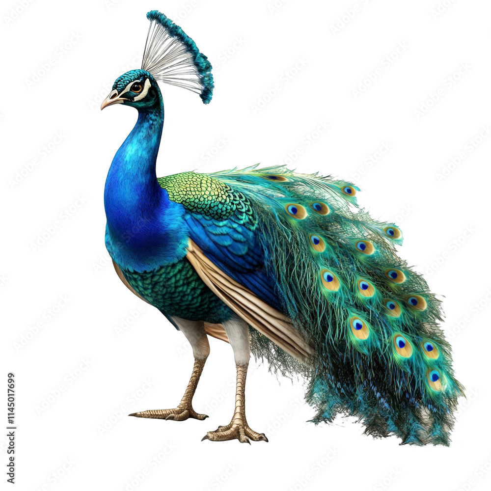 Obraz premium Majestic Peacock Vibrant Plumage Full Body Shot Isolated on White Background Male Peafowl Displaying Feathers Pride Beauty Nature Wildlife Ornithology Colorful Bird Animal Kingdom Exquisite