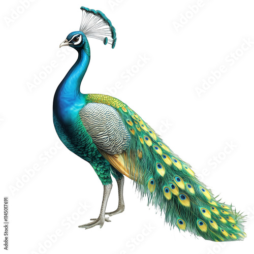 Majestic Peacock vibrant plumage detailed illustration exotic bird nature wildlife colorful feathers avian beauty elegant pose isolated white background pride display animal themes ornithology photo