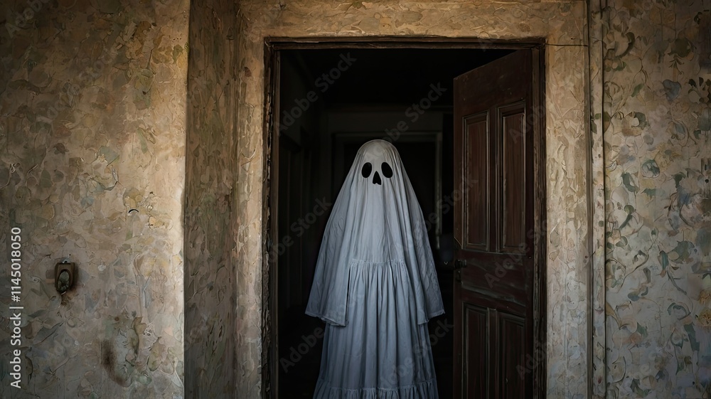 Naklejka premium A ghostly figure wearing a white dress with a haunting expression stands at the entrance of a dimly lit old room creating an unsettling atmosphere