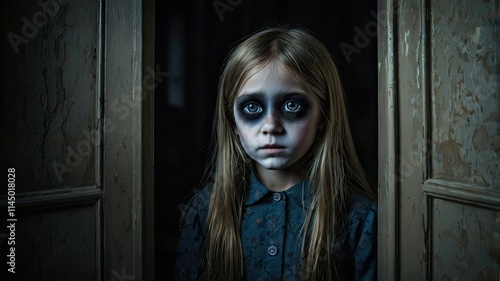 Wallpaper Mural A girl with pale skin and striking dark makeup stares from a doorway in an eerie dimly lit environment creating a chilling atmosphere Torontodigital.ca