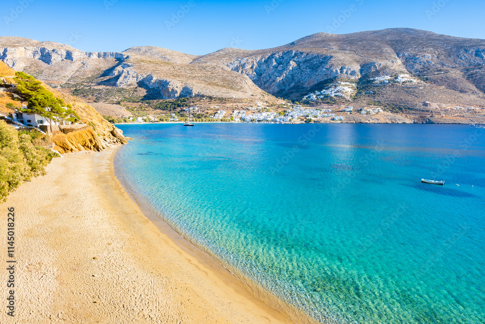 View of amazing sandy Hochlaka beach in Aigiali bay (Ormos Egialis), Amorgos island, Cyclades, Greece