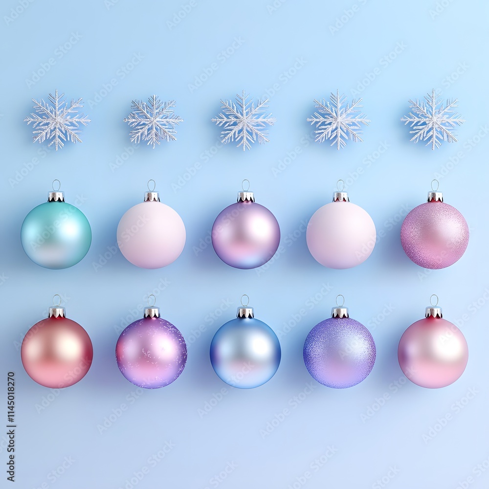 Winter vibe with Christmas decoration pastel balls and snowflakes on blue background. Winter vibe with Christmas decoration pastel balls and snowflakes on blue background.