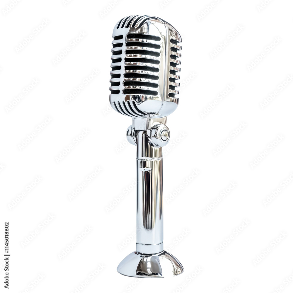 Fototapeta premium Modern metallic silver microphone icon, sleek design, minimalistic style, set against a clean white background