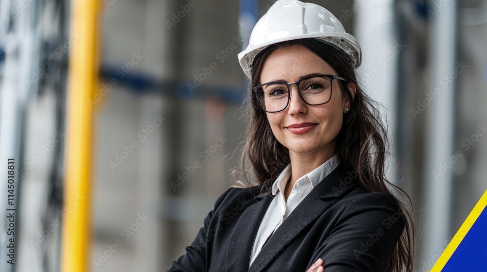 Confident female engineer in hardhat and glasses on construction site. Confident female engineer in hardhat and glasses on construction site.