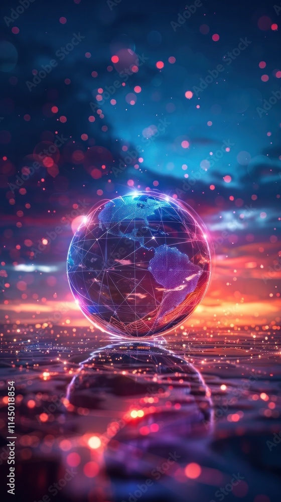 Captivating digital sphere representing the interconnected global communication network in a mesmerizing atmospheric landscape of glowing energy power and light against the dramatic night sky Captivating digital sphere representing the interconnected global communication network in a mesmerizing atmospheric landscape of glowing energy power and light against the dramatic night sky