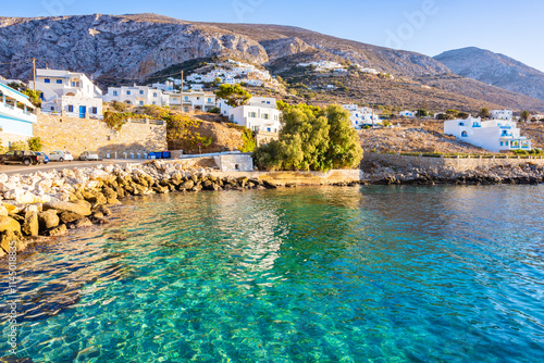 Obraz na płótnie Houses on sea coast in Aigiali port (Ormos Egialis) at sunset, Amorgos island, Cyclades, Greece w salonie