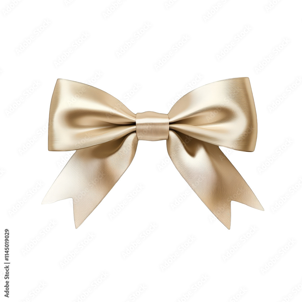Naklejka premium Golden Bow Ribbon Decoration Isolated on White Background Gift Wrap Festive Holiday Present Elegance Luxury Celebration Birthday Wedding Anniversary Christmas Satin Silk Material Design Element