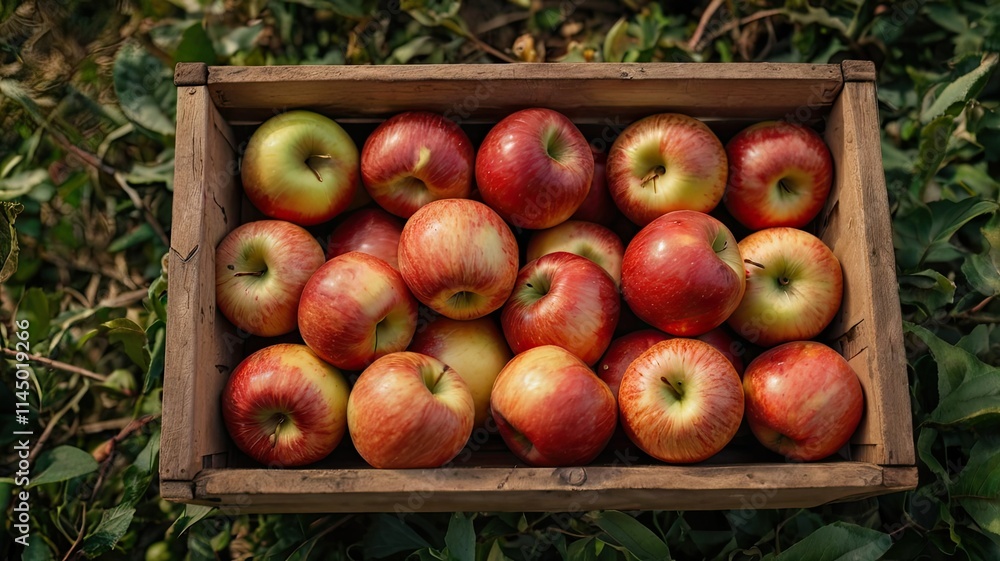 A wooden crate filled with ripe apples rests on green grass in an orchard under clear skies during a warm afternoon in fall A wooden crate filled with ripe apples rests on green grass in an orchard under clear skies during a warm afternoon in fall