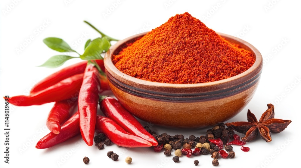 A bowl of ground red chili powder next to fresh red chilies and other vibrant spices, isolated on a white background. A bowl of ground red chili powder next to fresh red chilies and other vibrant spices, isolated on a white background.