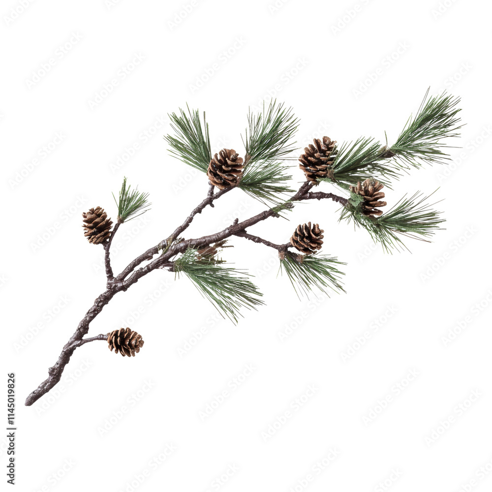 Pine Tree Branch with Cones, detailed illustration of a pine branch featuring multiple cones, ideal for nature-themed designs and decorations