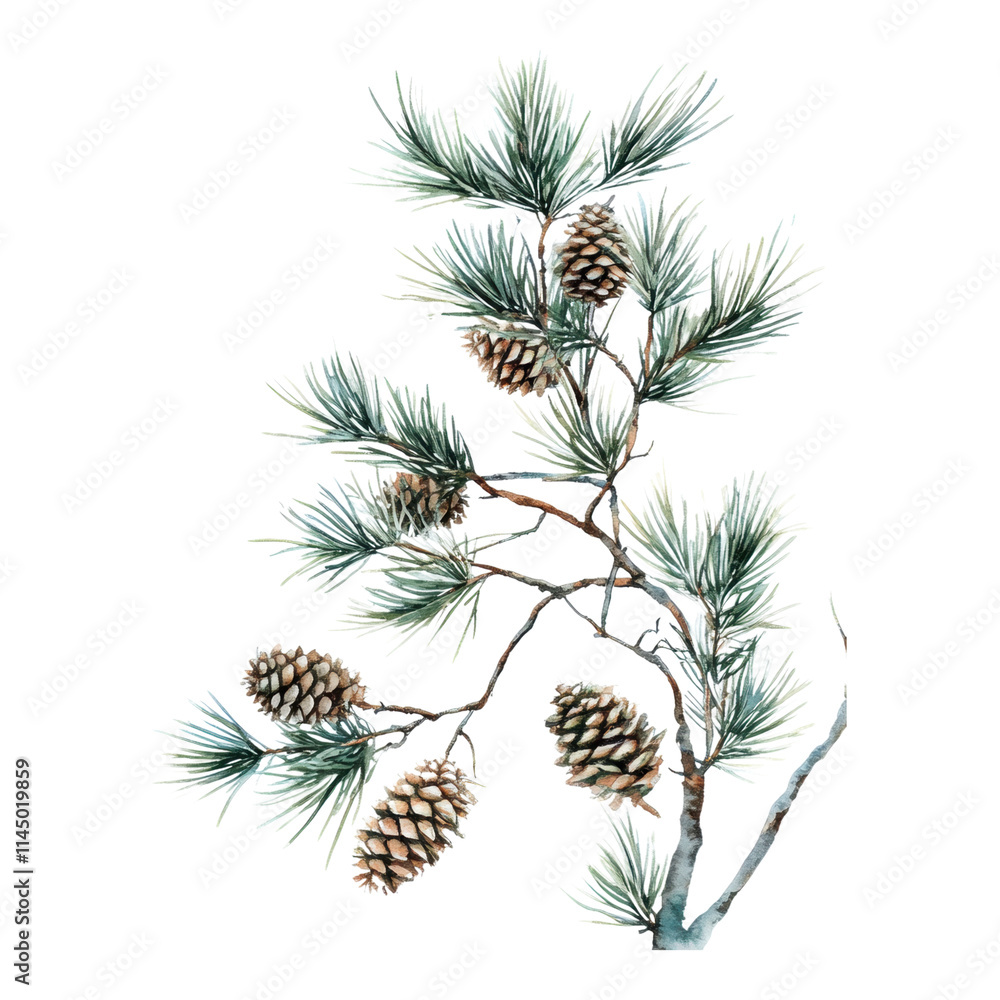 Pine Tree Branch with Cones, lush green needles, textured cones, ideal for nature-themed designs, seamless integration on any background